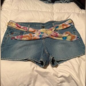 Denim Women's Shorts with Floral Scarf Belt - Blue
